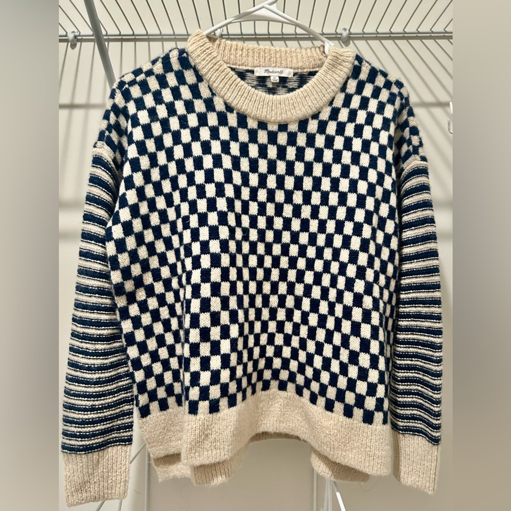 Madewell Navy and Cream Checkerboard Crewneck Sweater Alpaca blend. EUC XS - Picture 4 of 7